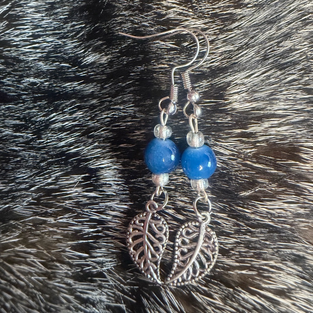 Silver and Blue Leaf Dangle Earrings